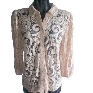 Nanette Lepore Blush Pink Lace Button-Up Blouse L